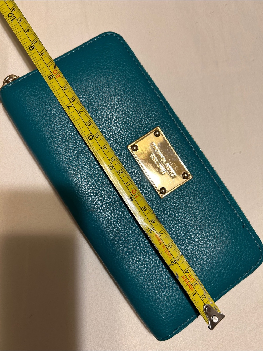 Michael Kors Teal Zip-Around Wallet with Gold Plaque